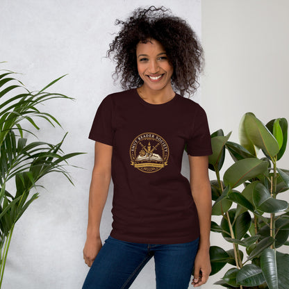 Smut Reader Society book lover dark academia tee — Oxblood Black, on model