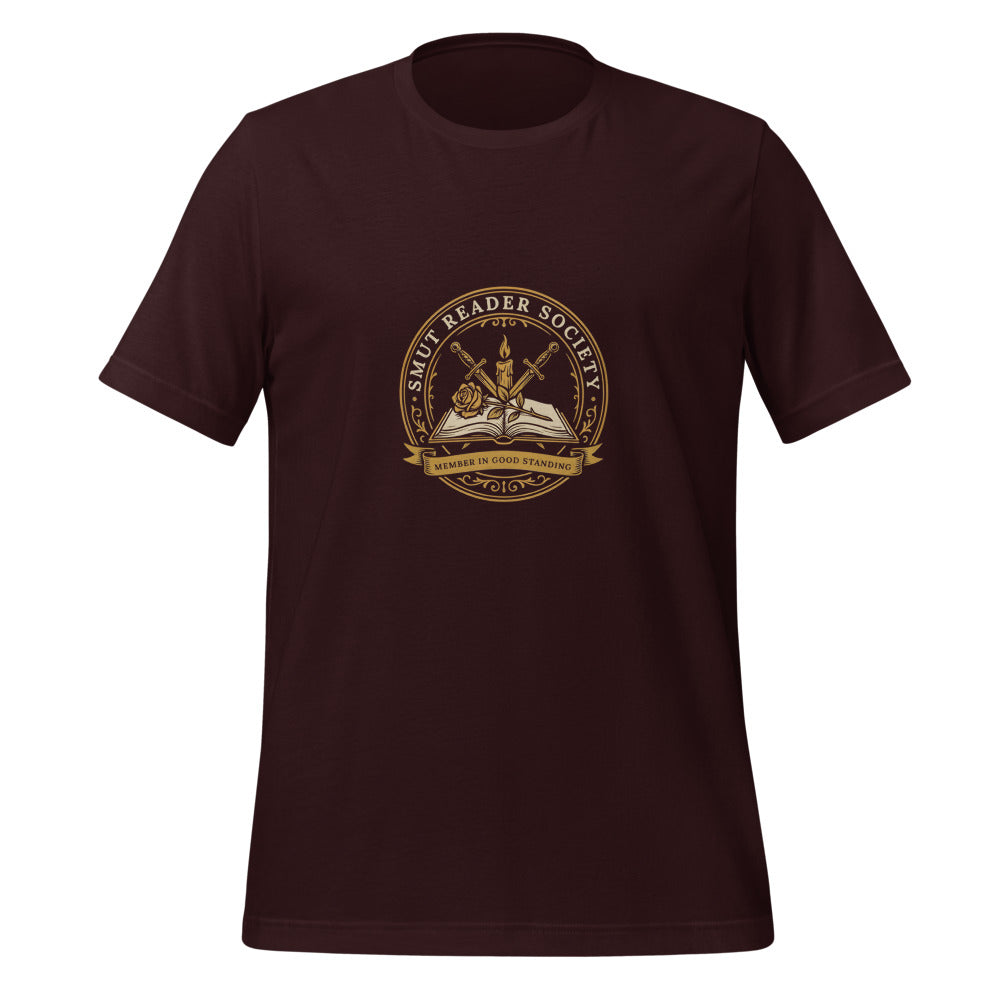 Smut Reader Society book lover dark academia tee — Oxblood Black, front