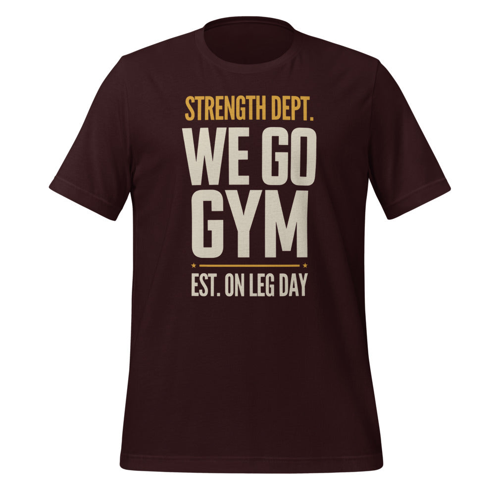 We Go Gym vintage athletic gym tee — Oxblood Black, front