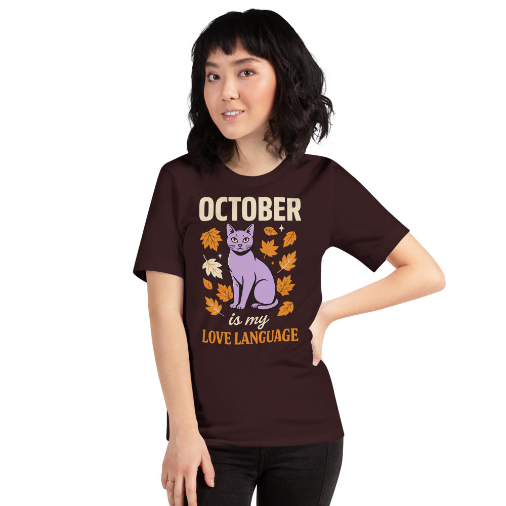 October Is My Love Language retro Halloween black cat tee — Oxblood Black, on model