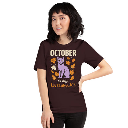 October Is My Love Language retro Halloween black cat tee — Oxblood Black, on model