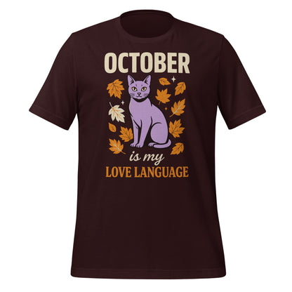 October Is My Love Language retro Halloween black cat tee — Oxblood Black, front