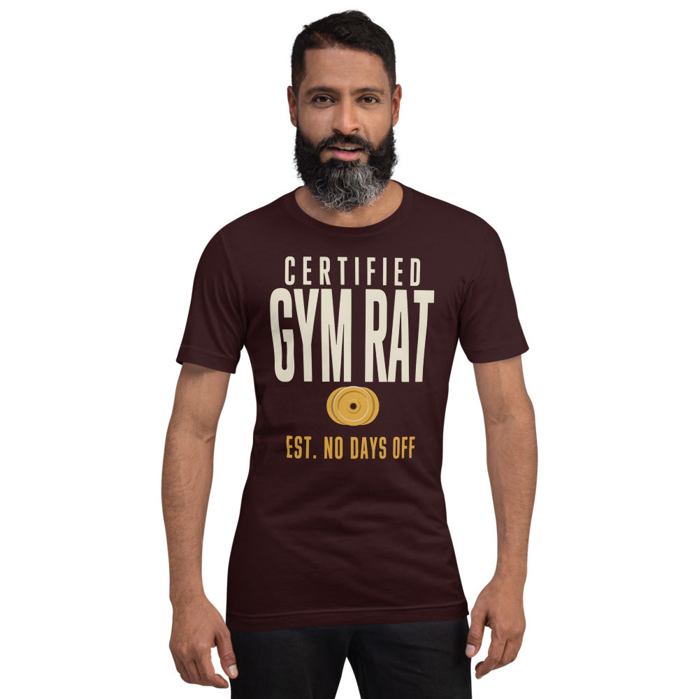 Certified Gym Rat vintage athletic tee — Oxblood Black, on model