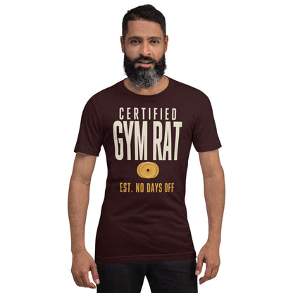 Certified Gym Rat vintage athletic tee — Oxblood Black, on model