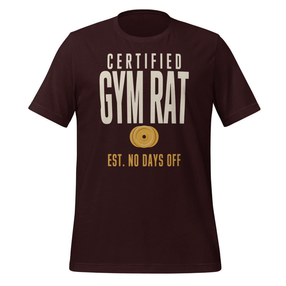 Certified Gym Rat vintage athletic tee — Oxblood Black, front