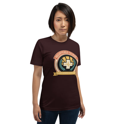 Registered Nurse vintage healthcare emblem badge tee — Oxblood Black, on model