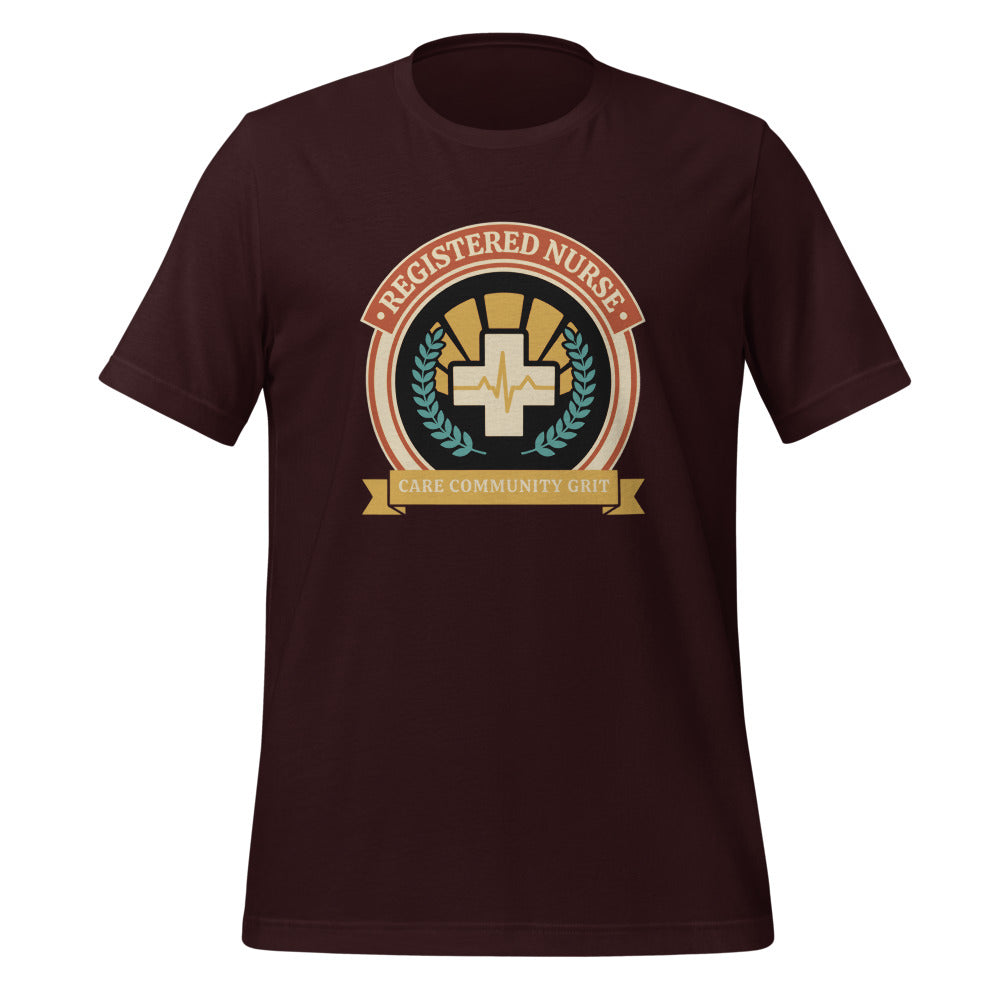 Registered Nurse vintage healthcare emblem badge tee — Oxblood Black, front