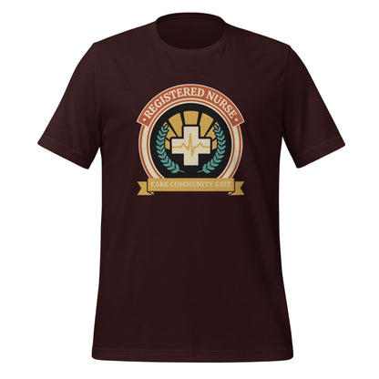 Registered Nurse vintage healthcare emblem badge tee — Oxblood Black, front