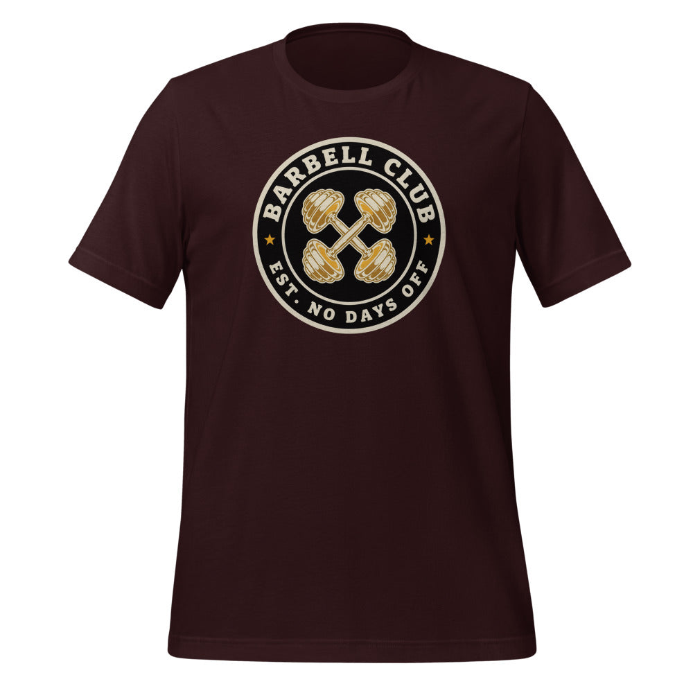Barbell Club No Days Off vintage gym tee — Oxblood Black, front