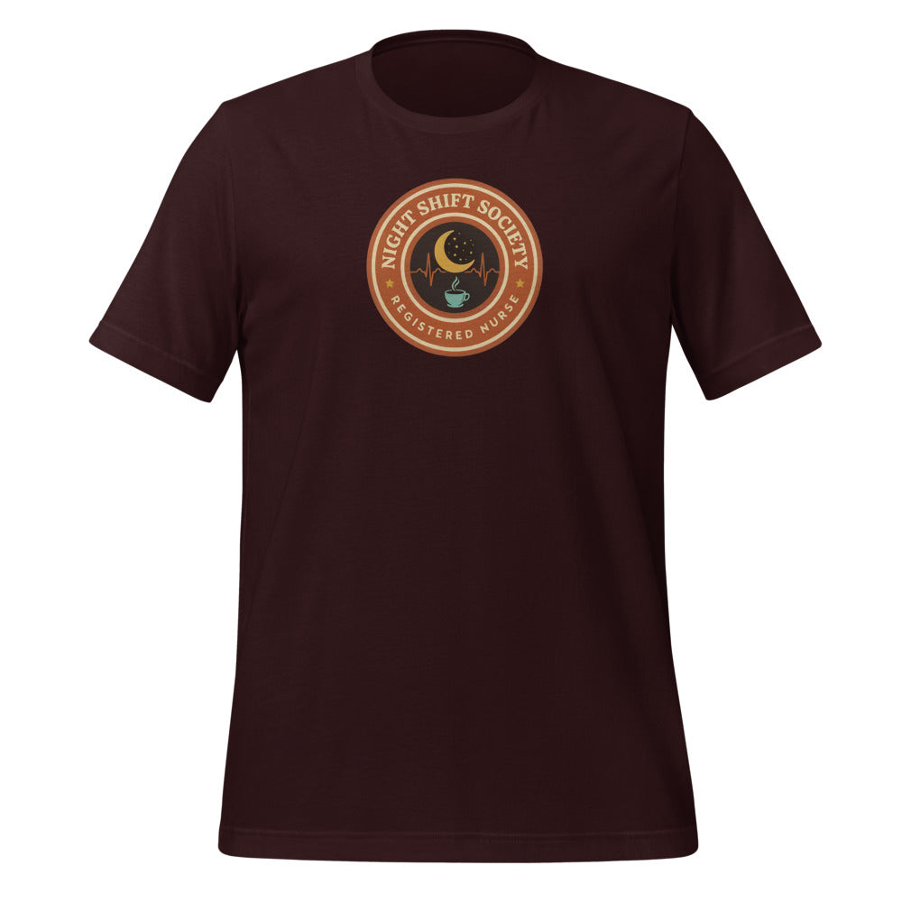Night Shift Society retro registered nurse badge tee — Oxblood Black, front