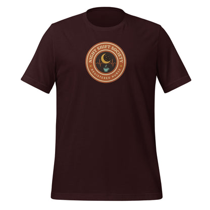 Night Shift Society retro registered nurse badge tee — Oxblood Black, front