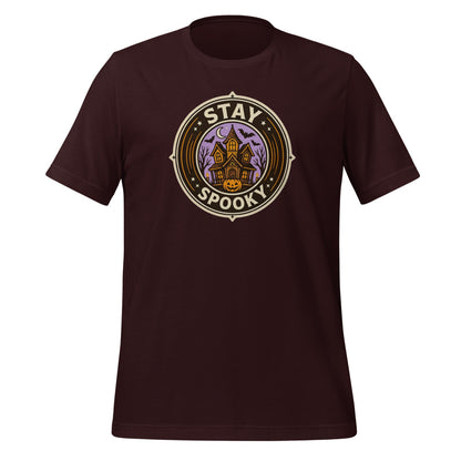 Stay Spooky retro Halloween vintage badge tee — Oxblood Black, front