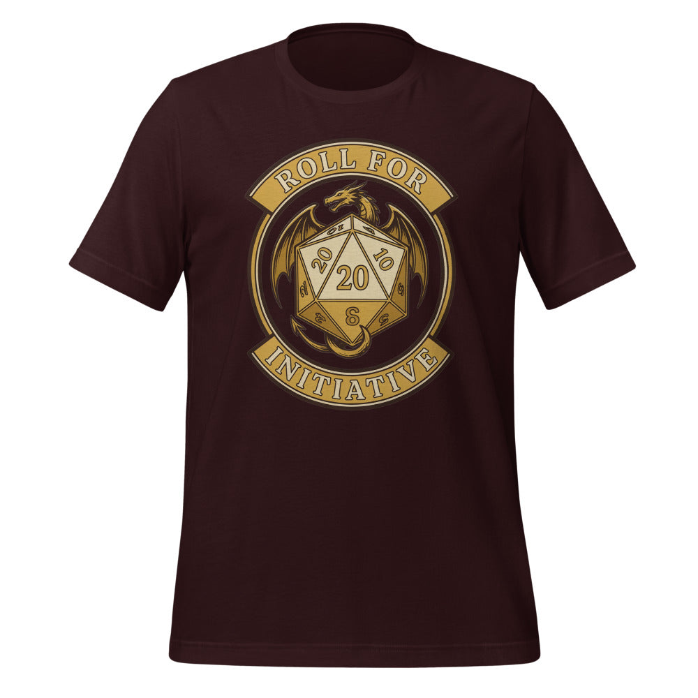 Roll For Initiative d20 dragon tabletop RPG tee — Oxblood Black, front