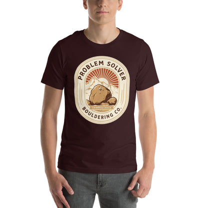 Problem Solver Bouldering Badge t-shirt — Oxblood Black, on model