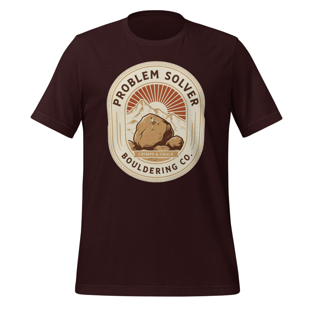 Problem Solver Bouldering Badge t-shirt — Oxblood Black, front