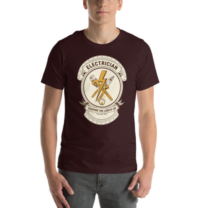 Electrician Journeyman trade crest tee — Oxblood Black, on model