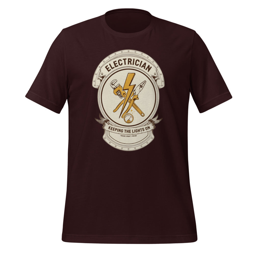 Electrician Journeyman trade crest tee — Oxblood Black, front