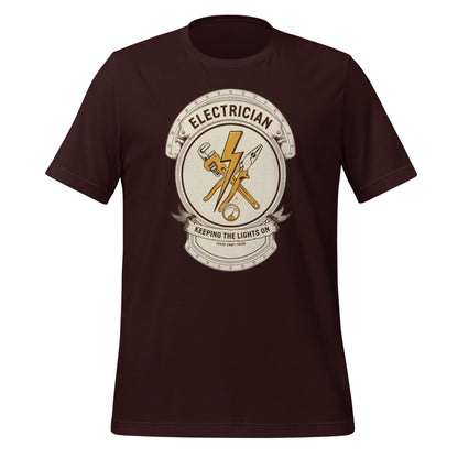 Electrician Journeyman trade crest tee — Oxblood Black, front