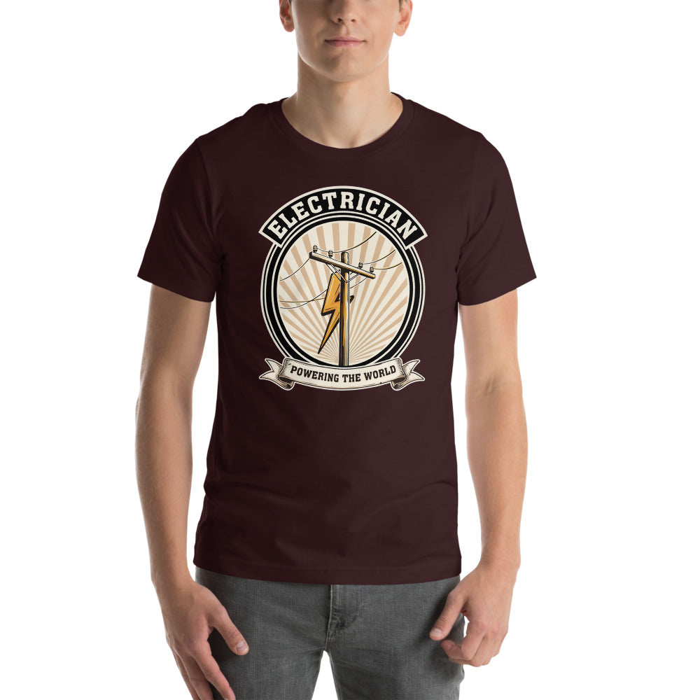 Powering The World electrician emblem tee — Oxblood Black, on model