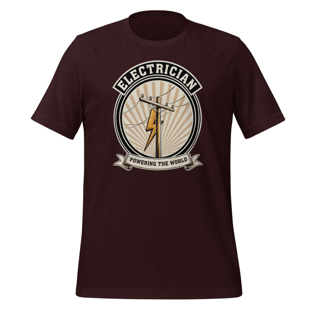 Powering The World electrician emblem tee — Oxblood Black, front