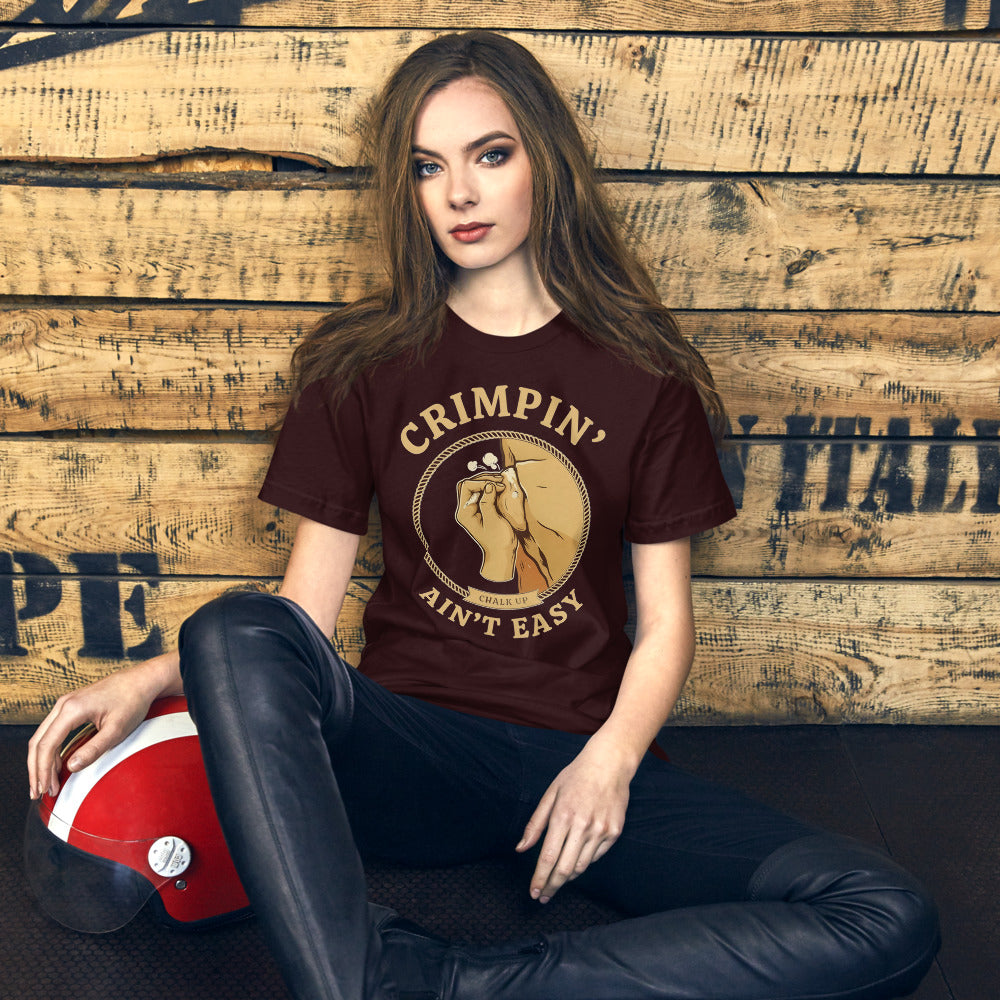 Crimpin' Ain't Easy bouldering badge t-shirt — Oxblood Black, on model