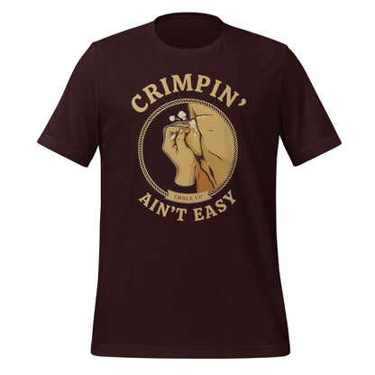Crimpin' Ain't Easy bouldering badge t-shirt — Oxblood Black, front