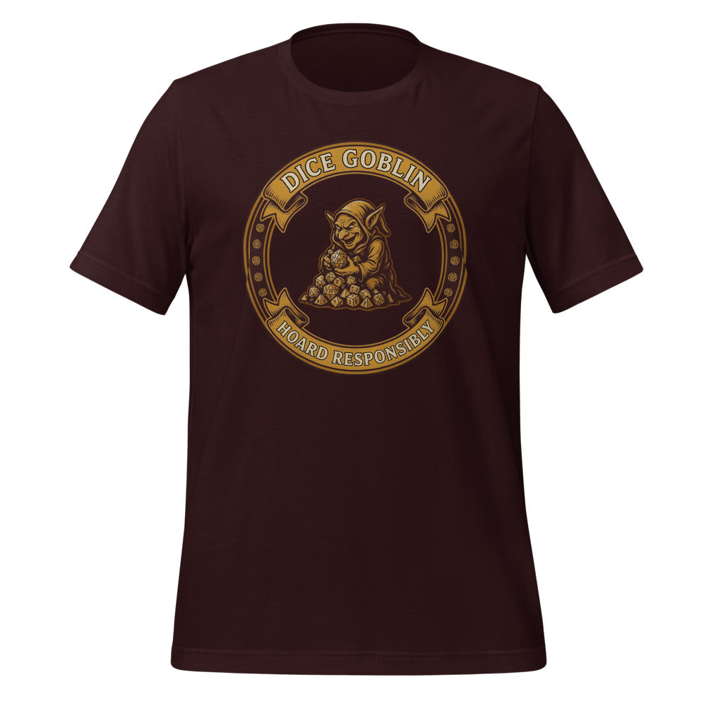 Dice Goblin Hoard Responsibly tabletop RPG tee — Oxblood Black, front