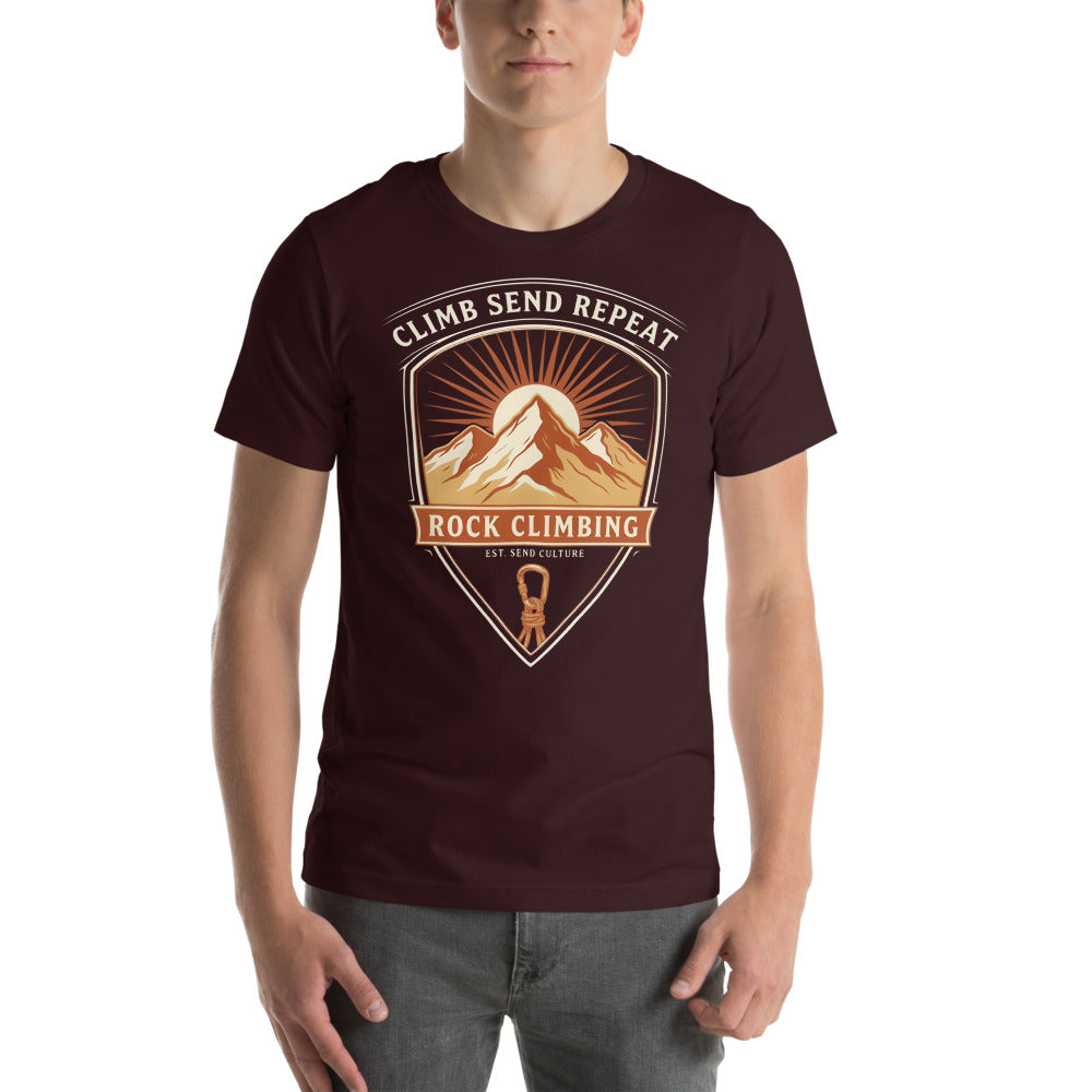 Climb Send Repeat mountaineering crest t-shirt — Oxblood Black, on model
