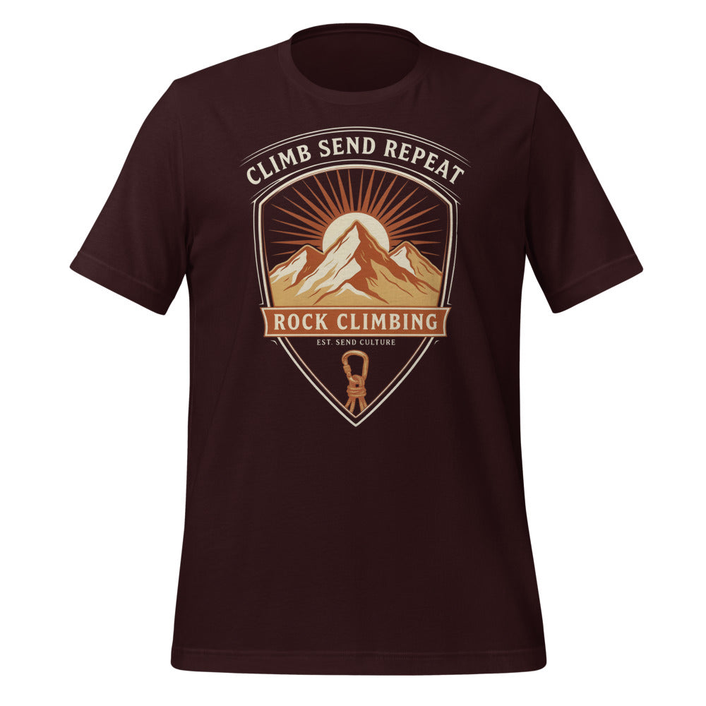 Climb Send Repeat mountaineering crest t-shirt — Oxblood Black, front