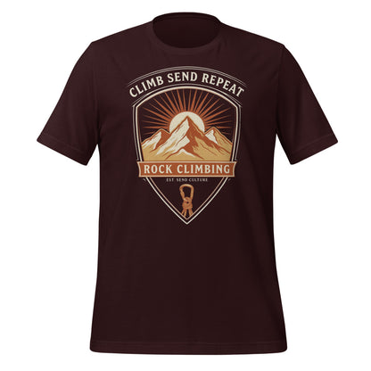 Climb Send Repeat mountaineering crest t-shirt — Oxblood Black, front