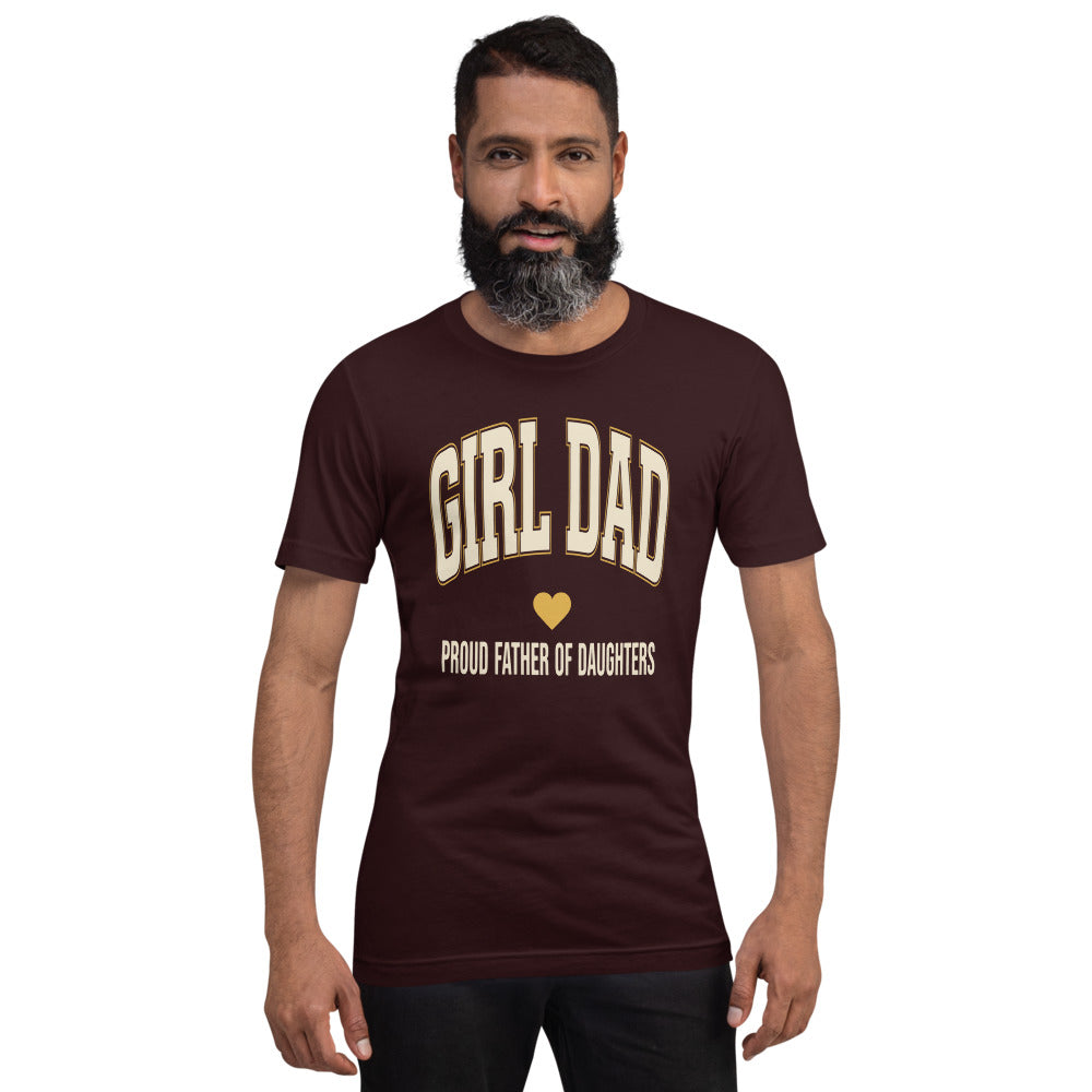 Girl Dad retro varsity tee — Oxblood Black, on model