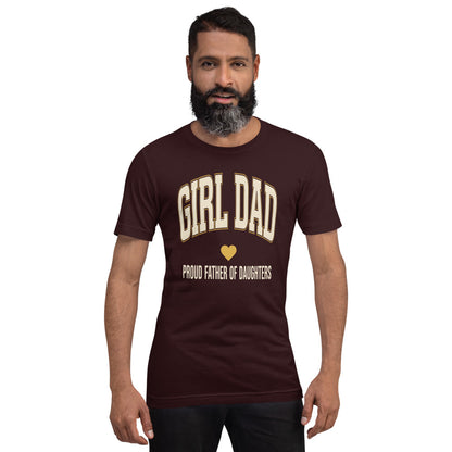 Girl Dad retro varsity tee — Oxblood Black, on model