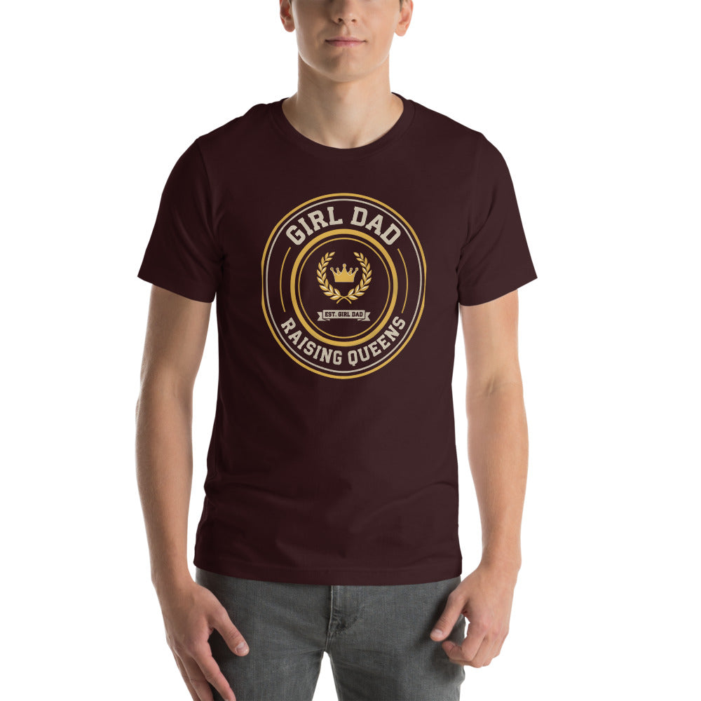 Girl Dad Raising Queens crest tee — Oxblood Black, on model