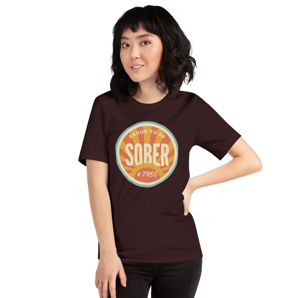 Sober & Proud retro sunburst tee — Oxblood Black, on model