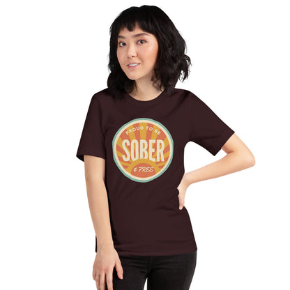 Sober & Proud retro sunburst tee — Oxblood Black, on model