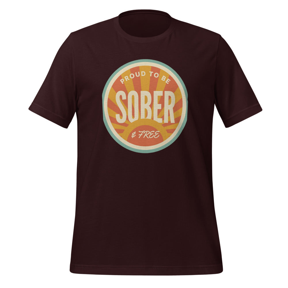 Sober & Proud retro sunburst tee — Oxblood Black, front