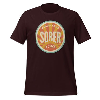 Sober & Proud retro sunburst tee — Oxblood Black, front
