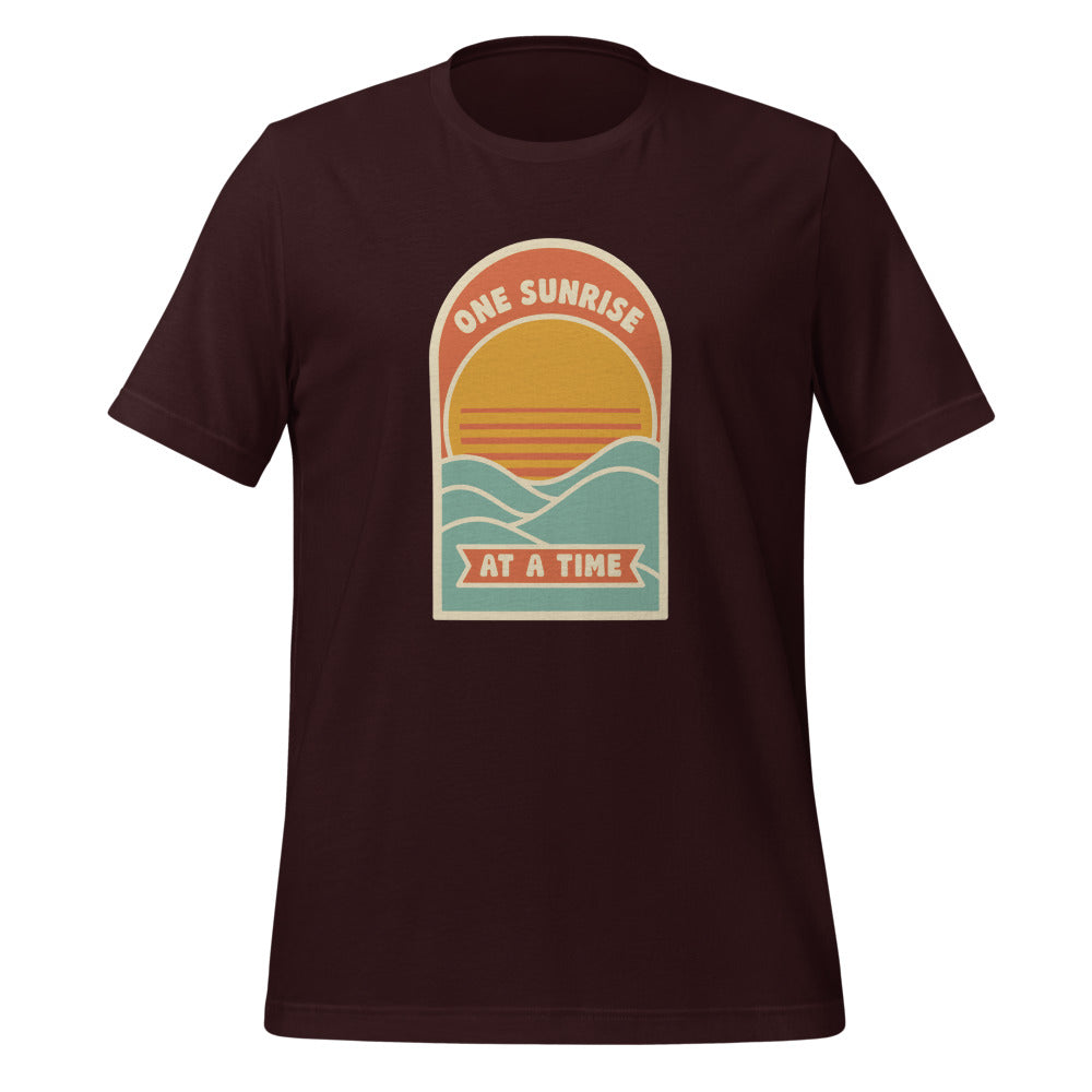 One Sunrise at a Time retro sunrise tee — Oxblood Black, front