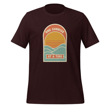 One Sunrise at a Time retro sunrise tee — Oxblood Black, front