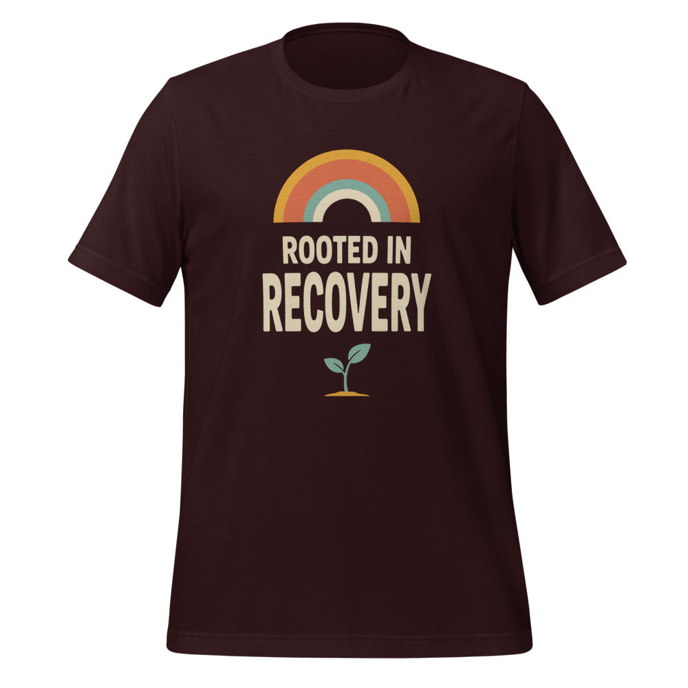 Rooted in Recovery retro rainbow tee — Oxblood Black, front