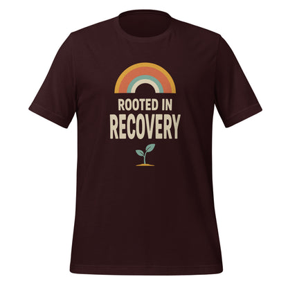 Rooted in Recovery retro rainbow tee — Oxblood Black, front