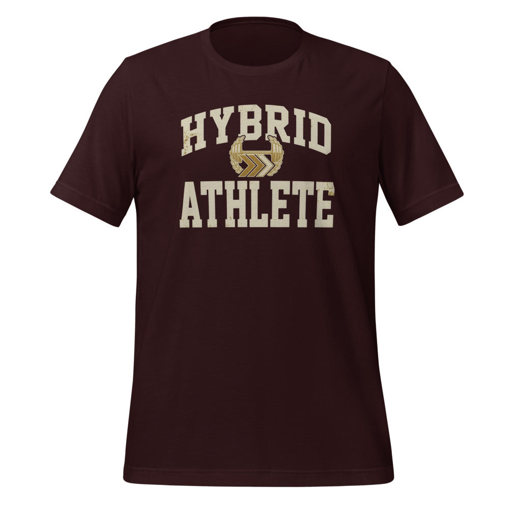 Hybrid Athlete vintage varsity tee — Oxblood Black, front