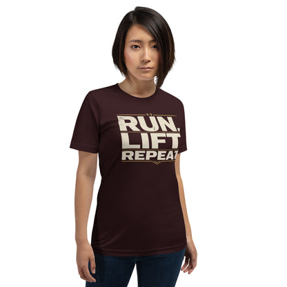 Run Lift Repeat vintage athletic tee — Oxblood Black, on model
