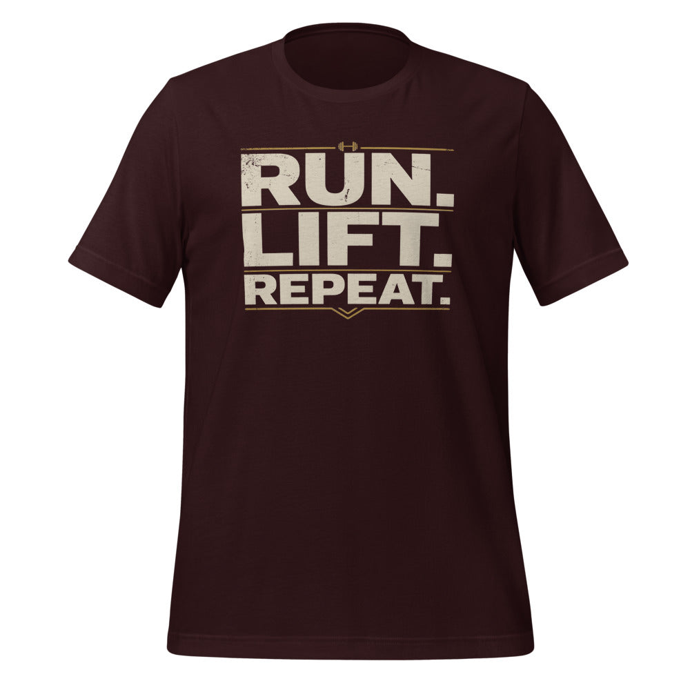Run Lift Repeat vintage athletic tee — Oxblood Black, front