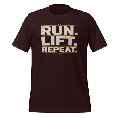 Run Lift Repeat vintage athletic tee — Oxblood Black, front