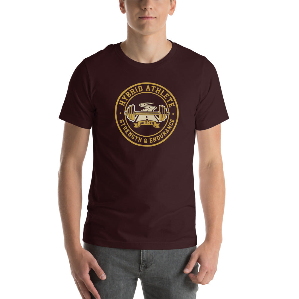 Hybrid Athlete vintage athletic-department crest tee — Oxblood Black, on model