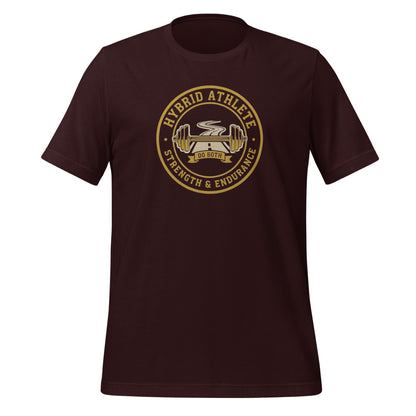 Hybrid Athlete vintage athletic-department crest tee — Oxblood Black, front