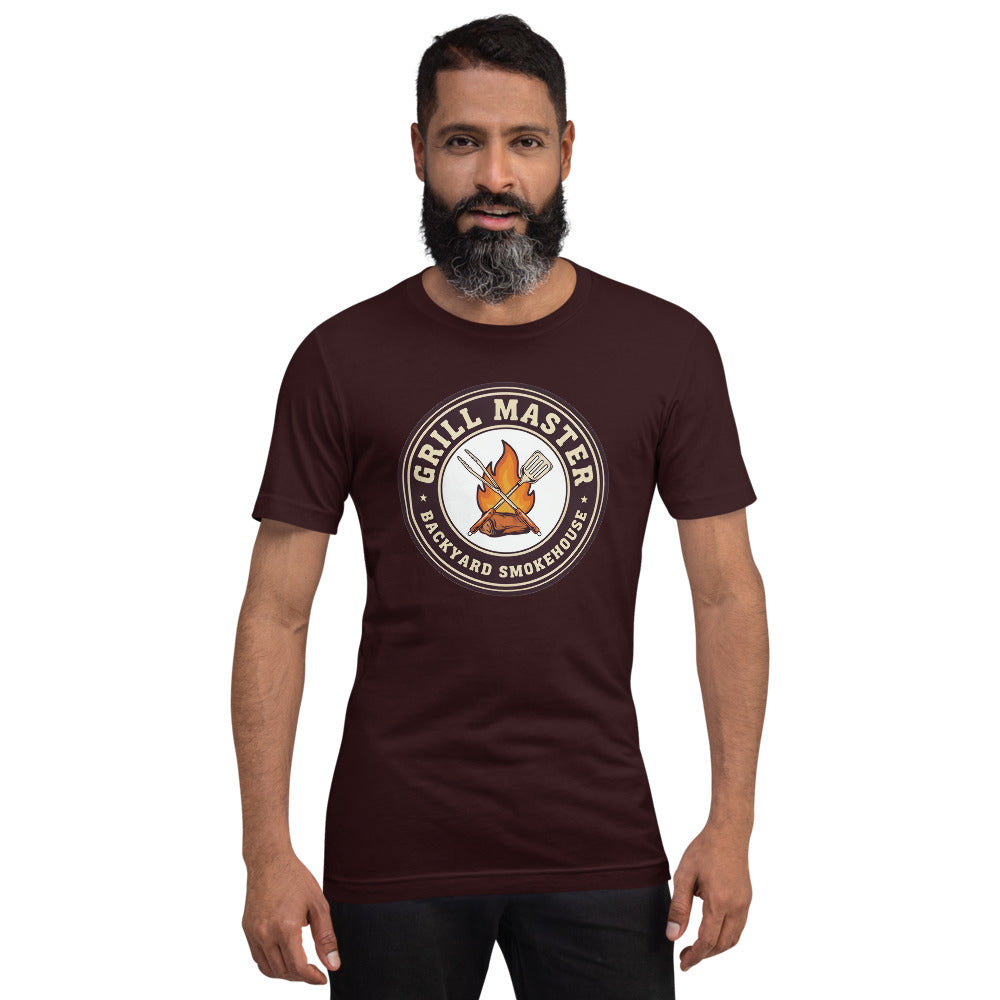 Grill Master retro backyard smokehouse tee — Oxblood Black, on model