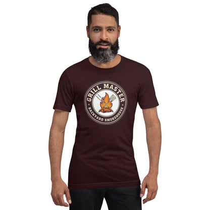 Grill Master retro backyard smokehouse tee — Oxblood Black, on model