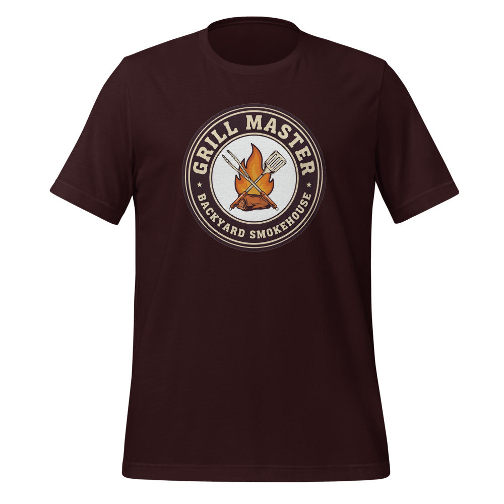 Grill Master retro backyard smokehouse tee — Oxblood Black, front